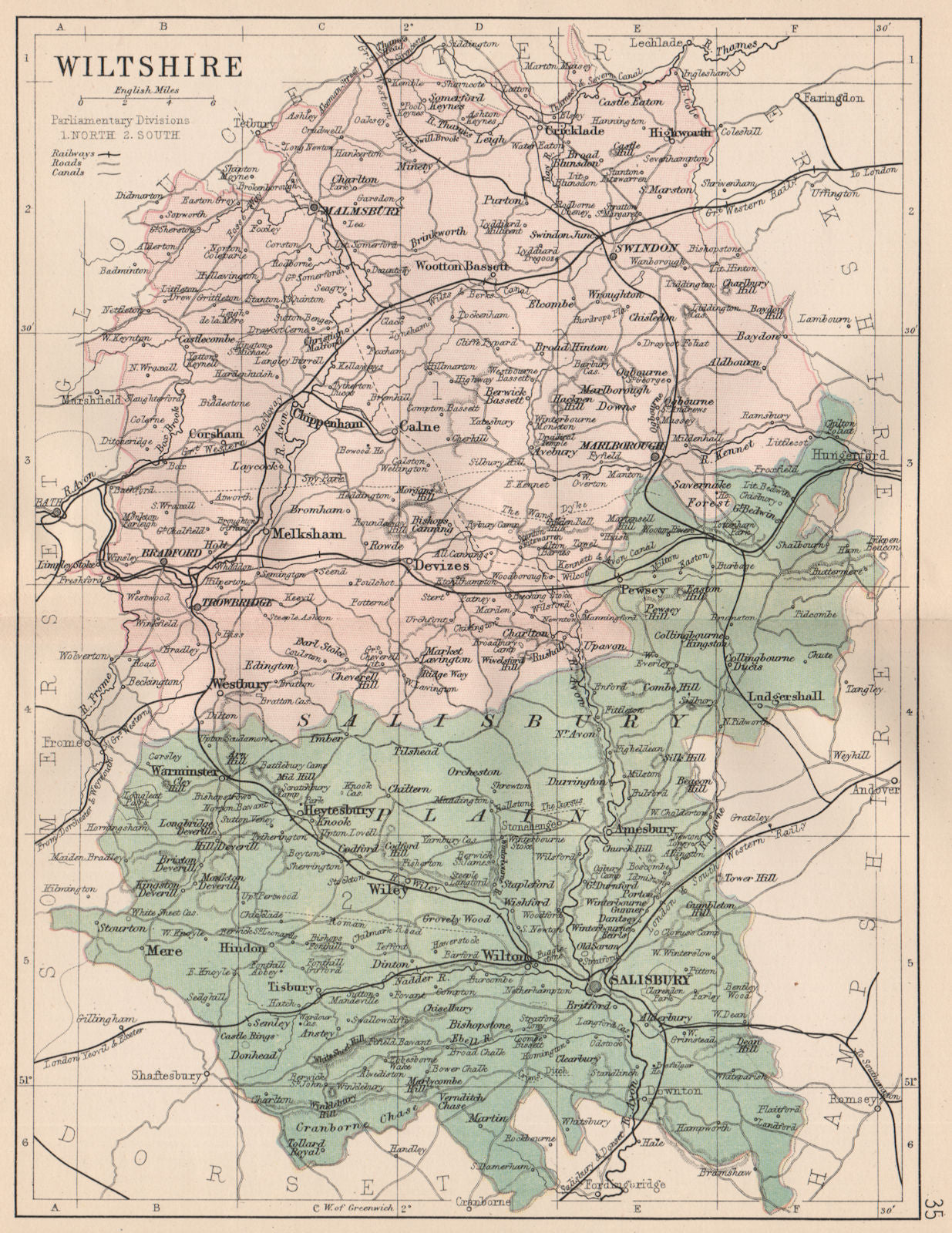 WILTSHIRE. Antique county map. Railways roads canals constituencies. PHILIP 1882